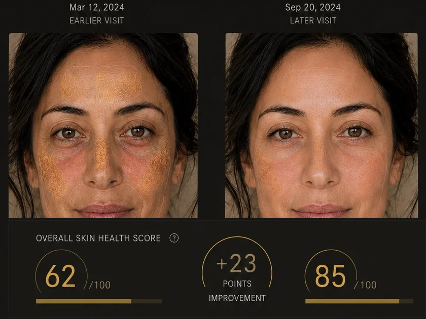 Skin imaging progress report comparing a first visit with a later visit, showing improved scores