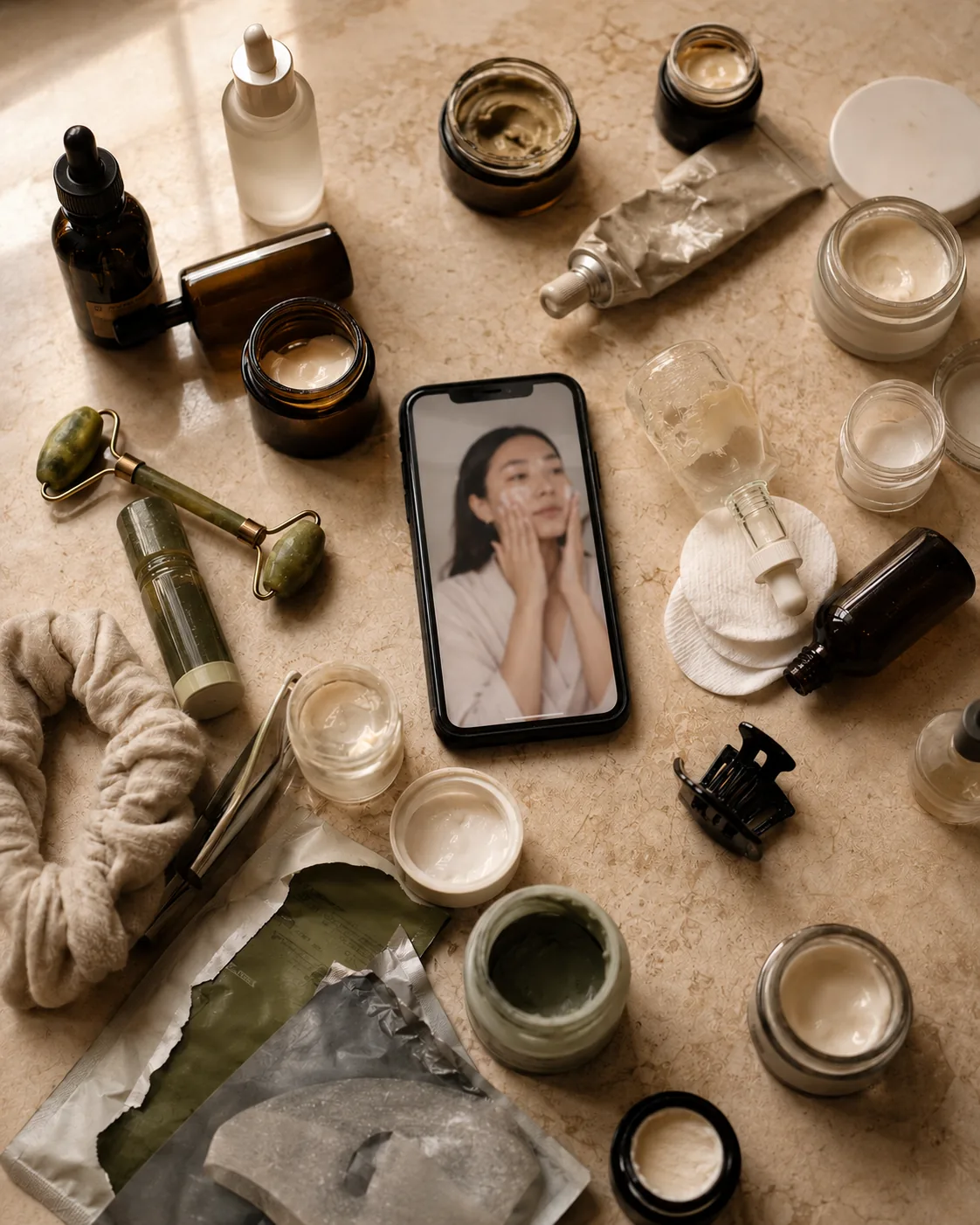 Scattered skincare products — the overwhelm of trying everything